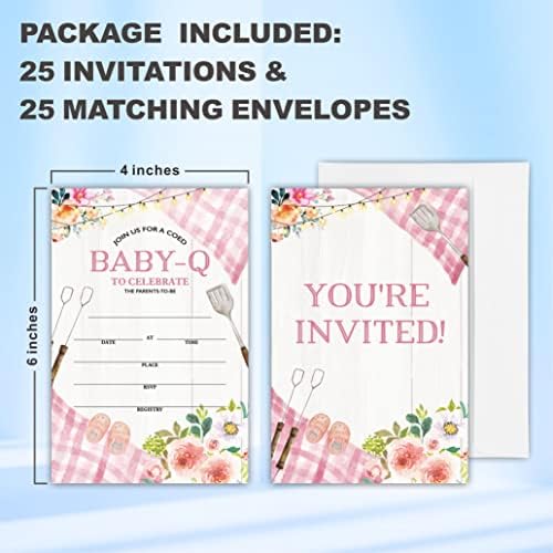 25 הזמנות למקלחת לתינוקות עם מעטפות- Baby-Q, ברביקיו בחצר האחורית הזמנות מילוי דו צדדי למקלחת לתינוקות,