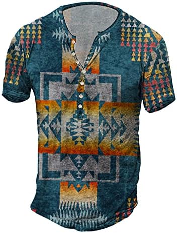 XXBR Mens Aztec Henley חולצות 3D רטרו בוהו כפתור הדפסה נ 'צוואר צוואר קז'ואלים חולצת חוף גרפית שרוול קצר
