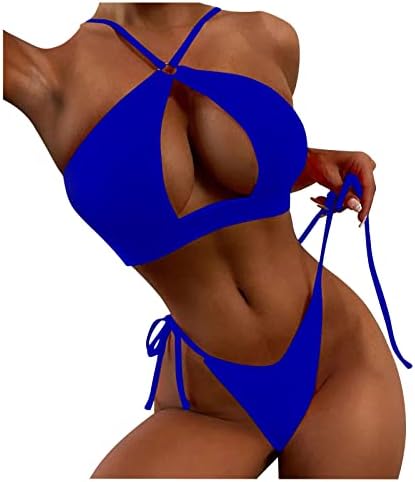 נשים של מוצק צבע סקסי ביקיני בגד ים פיצול חלול שרוכים בגדי ים טנקיני סט