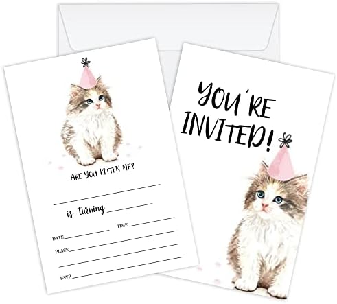 Wuawn 20 הזמנות יום הולדת לחתלתול עם מעטפות, מילוי נושא חתול - ביום הולדת הזמינו כרטיסים לבנים ובנות, נוער,