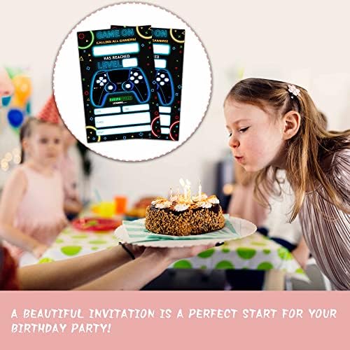 Tirywt ניאון משחק הזמנות ליום הולדת עם מעטפות, 4 x6 סגנון משחקי וידאו מילוי מסיבת יום הולדת מזמינה את yqk-b18