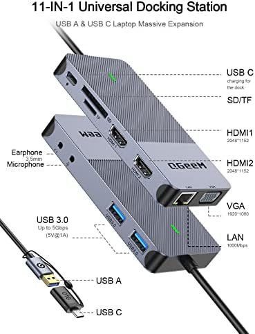תחנת עגינה של QGEEM USB 3.0, תצוגה משולשת רכזת USB צג כפול, USB C מחשב נייד תחנת עגינה תואמת ל- MacBook