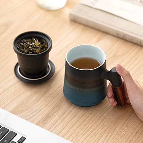 כוס התה של Zens עם מכסה ומכסה, 13.5 גרם שיפוע ספל תה רופף, ידית Rosewood Ceramic Soepeed Supe למתנות, שחור ולבן*1