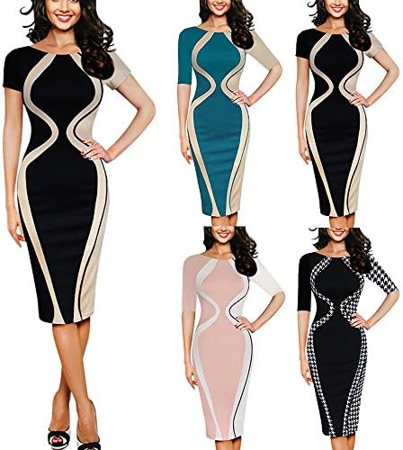 שמלה באורך הברך של אילוגו לנשים שרוול קצר צווארון צווארון צורה טלאים צבע גוף גוף מסיבה סגנון עסקי שמלת עיפרון