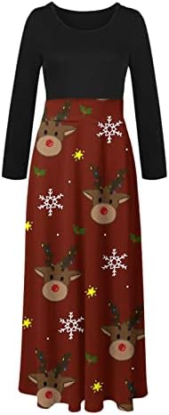 שמלת חג המולד של נשים מותניים גבוהה טלאים שמלות מזדמנים הדפס איילים שמלת מקסי שרוול ארוך