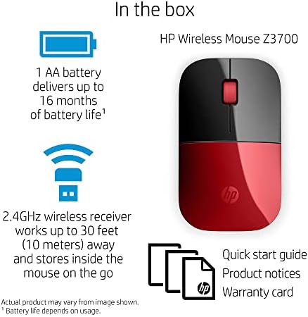 HP Z3700 אדום 2.4 ג'יגה הרץ USB עכבר אלחוטי דק עם חיישן אופטי LED 1200 DPI כחול, עד 16 חודשים חיי סוללה