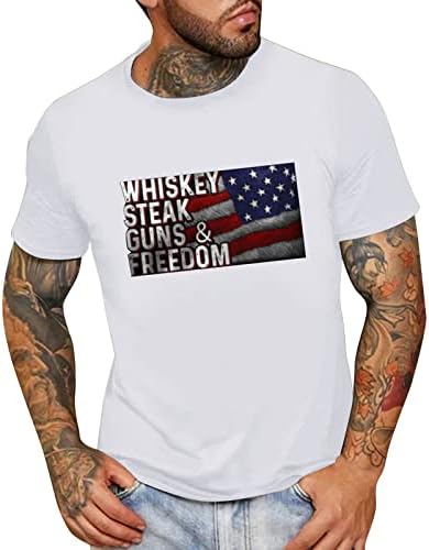 חולצות טריקו של שרוול קצר של Ubst Mens, קיץ רטרו דגל אמריקאי הדפס צוואר צווארון מזדמן אופנה רופפת