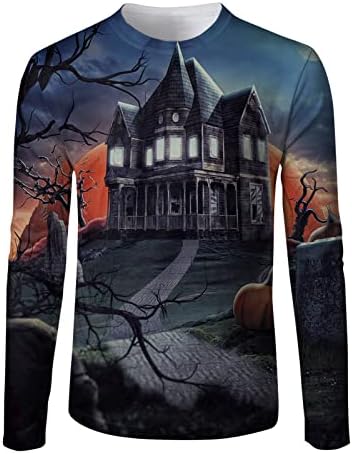 חולצות טריקו של Zddo Halloween לגברים, המסיבה מזדמנת הדפסת בית רדוף שרוול ארוך שרוול ארוך גרפיקה דקה מתאימה