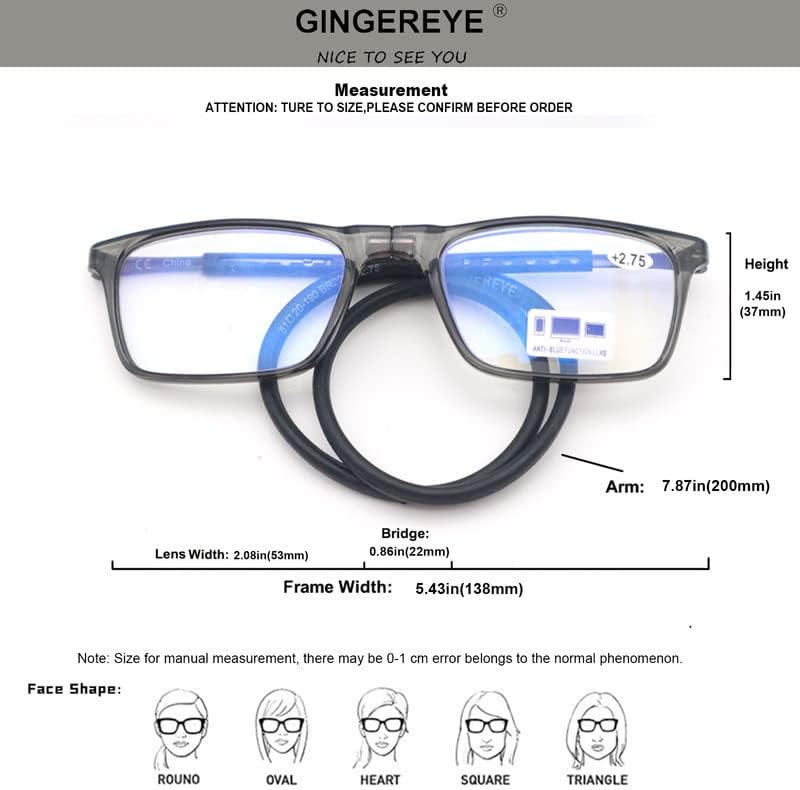 Gingereye משקפי קריאה מגנטיים - קוראי מחשבים - חסימת אור כחול, עדשה להחלפה, מקדשים מתכווננים,