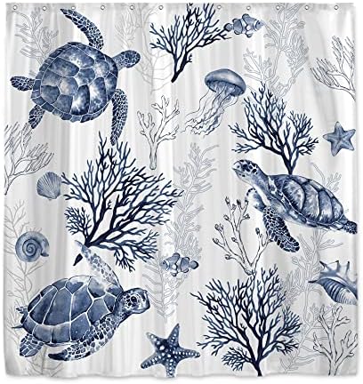 Onecmore Sea Turtle וילון מקלחת קיץ מצחיק חיים ימיים כחולים ימי חוף תפאורה לעיצוב לווילון אמבטיה בית אמבטיות