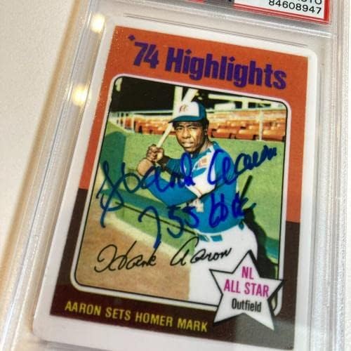 1975 Topps Hank Aaron 755 ריצות ביתיות חתומות על כרטיס בייסבול חרסינה PSA DNA - כרטיסי חתימה של בייסבול