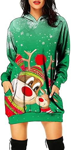 שמלת סוודר עם שרוול ארוך שרוול ארוך שמלת חג המולד הדפס חג המולד כיס מזדמן שמלה רופפת שמלה סרוגה