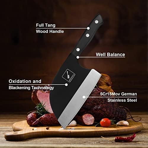 סכין קצבים של imarku, סכין בשר בגודל 7 אינץ ', סכין קליבר פחמן פחמן גבוה עם נדן עור ידית טאנג מלא,