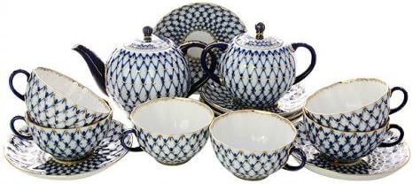 חרסינה של לומונוסוב צבעון קובלט נטו סט תה 6/14: סיר תה, קערת סוכר ו 6 כוסות עם צלוחיות