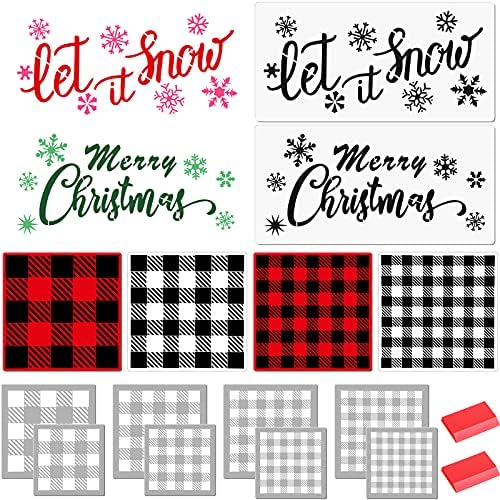 10 חתיכות שבלונות חג המולד שבלונות חג מולד שמח בשחור לבן באפלו משובץ שבלונות עץ שבלונות תנו לו סטנסיל שלג