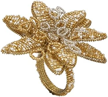 סגנונות פנקו ביד חרוזים פוינסטיה טבעות מפיות מתכת, סט של 4 - מחזיקי מפיות דקורטיביים של פרחי זהב