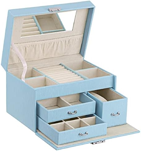 מארגן תכשיטים בווישום קופסא 3 קופסאות אחסון עגילים עם עגיל עם מראה מנעול לנשים מארז אחסון תכשיטים ניידים