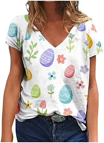 חולצות פסחא V צוואר לנשים 2023 צמרות טוניקה לחג מצחיק חולצת טי גרפית חמודה