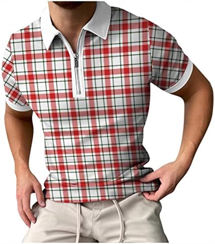 גברים של פולו חולצות קצר שרוול חולצות אביב קיץ קצר שרוול רוכסן דש משובץ הדפסה מזדמן אדום ולבן חולצות