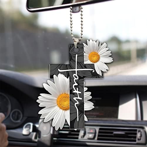 טלטקה נוצרי אלוהים ישוע צלב אמונה פרח חיננית לבנה 2D מכונית שטוחה נוף אחורי אביזרי מראה עץ