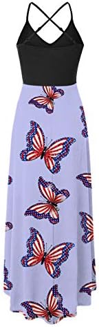 4 ביולי שמלת מקסי לנשים קיץ שמלת בוהו מזדמן דגל אמריקאי סקופ צוואר קאמי שמלות קיץ ללא שרוולים