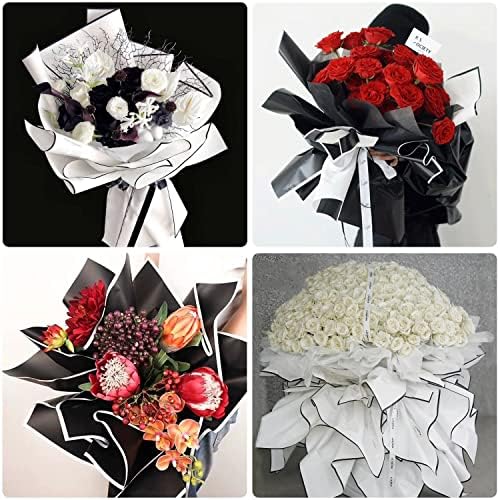 20 גיליונות נייר עטיפת פרח קצה שחור לבן, חומר אריזת פרחים טרי עמיד למים אספקת זר פרחים אריזת מתנת