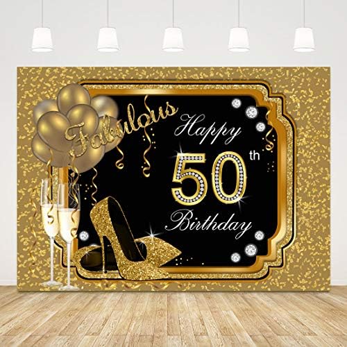 רקע יום הולדת 50 שמח לנשים שחור וזהב רקע צילום יום הולדת 7 על 5 רגל בלוני נצנצים עקבים גבוהים רקע