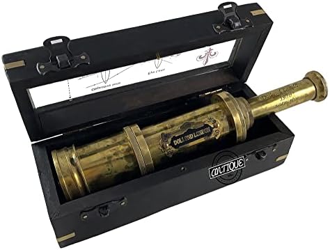 טלסקופ פליז עתיק של סיילור בקופסת עץ שחורה + פליז נחושת גימור מצפן שמש אטרקטיבי מתנות לקישוט חג המולד
