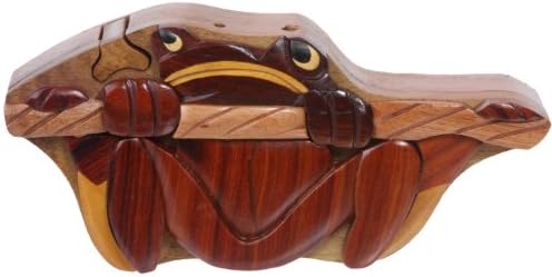 תיבת פאזל תכשיטים מעץ מעץ בעבודת יד - צפרדע, אגוז