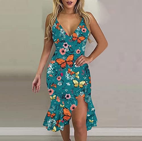 שמלת קיץ לנשים 2023 רצועת ספגטי מזדמן פרחוני צווארון ללא שרוולים לפרוע גלישת שמלת חוף מידי זורמת