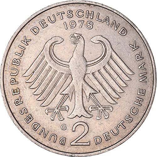 1970-1987 2 מארק מטבע הגרמני, עם תיאודור הייוס הנשיא הגרמני הראשון. 2 דויטשה מארק שדורג על ידי
