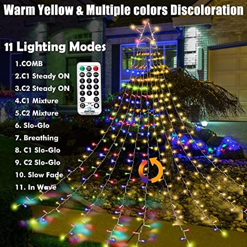 צבעי טידון משתנים קישוטים לחג המולד אורות מחרוזת כוכבים חיצוניים, 334 LED 11 מצבים עץ חג המולד טופרים