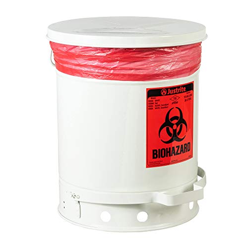JUSTRITE 05935 SoundGuard Steel Biohazard מיכל פסולת עם כיסוי מופעל על כף הרגל, קיבולת 10 ליטר,