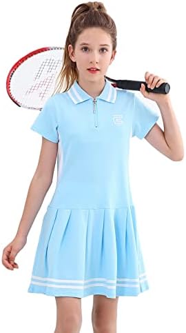 אקסארוס בנות שמלת טניס בגדי גולף בגד שרוול קצר תלבושת פולו רוכסן ספורט שמלות קפלים עם כיסי מכנסיים