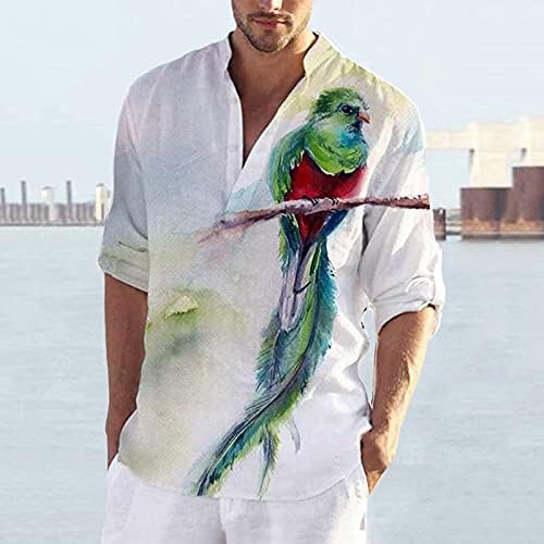 חולצות הנלי של Ubst Men's Vers, חולצות סתיו כותנה עוזב שרוול ארוך ציפורים להדפיס חולצות הוואי מזדמנים צמרות