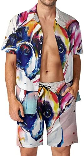 WEEDKEYCAT תלבושות חוף לגברים של בולדוג צרפתי 2 חלקים כפתור הוואי מטה חולצה קצרה שרוול ומכנסיים קצרים תא מטען
