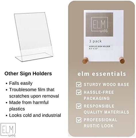 Elm Essentials 3 חבילה מחזיק סימנים אקריליים 8.5 x 11, עמדת תצוגה אקרילית יציבה עם בסיס עץ,