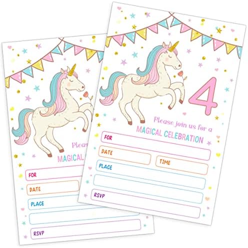 Qupt unicorn Party Handhipment Cards, כרטיסי הזמנות למסיבת יום הולדת רביעית, מלא את מסיבת יום ההולדת