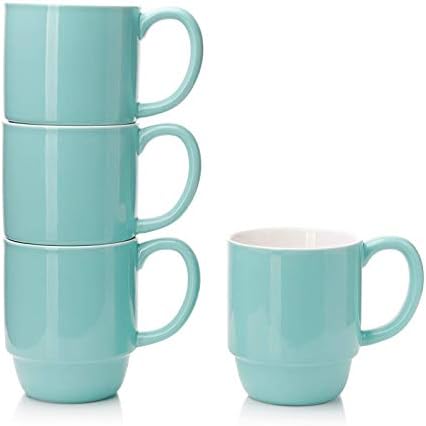 ספלי קפה הניתנים לגיבוב פורצלן סט של 4-16 כוסות אונקיה עם ידית למשקאות חמים או קרים כמו קקאו, חלב, תה או קרמיקה
