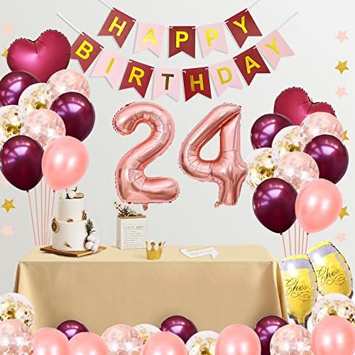 מפואר קישוטי יום הולדת 24 מפוארים ציוד לבנות ונשים בורדו וורוד יום הולדת שמח כרזת נייר עוגת אבנט עוגת