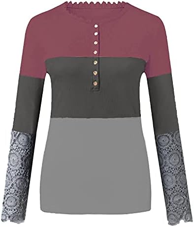 חולצת צוואר צווארון כפתור לנשים טלאים מצולעים תחרה שרוול ארוך חולצת טריקו בצבע דפוס חסימת צמרות