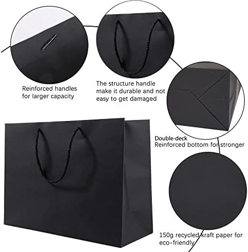 שקיות מתנה שחורות,12 יחידות 16איקס 5איקס 11 שקיות מתנה שחורות קראפט גדולות במיוחד עם ידיות,שקית מתנה גדולה,שקיות