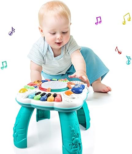 זה שולחן מוזיקלי לומד וחריץ לצעצועים לתינוק 6 עד 12 חודשים, שולחן פעילות לגיל 1 בן 3, 11.8 × 11.8 ×