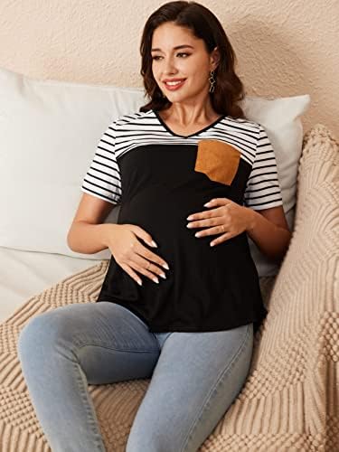 חולצות חולצת טי שרוול קצר עם הדפס פסים לנשים בהריון