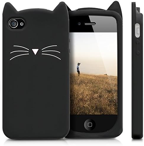 מארז קווומוביל תואם לאייפון 4/4 של אפל-מארז חתול כיסוי סיליקון מגן חמוד רך-שחור / לבן