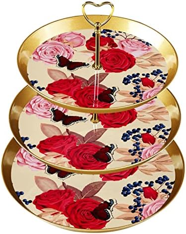 רקע פרחים מחזיק עוגות 3 שכבות, עמדת קינוחים, מגדל קאפקייקס לעוגות קינוחים פירות מזנון קנדי