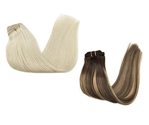 תוספות שיער קליפ-ב גו גו לנשים, רך וטבעי, תוספות שיער אדם אמיתיות בעבודת יד, חום שוקולד לבלונד קרמל ובלונד