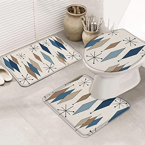 שטיחי אמבטיה, 3 יחידות אמבטיה מחצלת אביזרי אמבטיה אמצע המאה גיאומטריה מרוקו דפוס כחול חאקי יהלומי