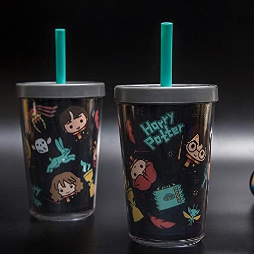זאק מעצב 13 אונקיות סרט הארי פוטר כוס קיר כפול עם מכסה וקש, עשוי פלסטיק עמיד בפני שבירה