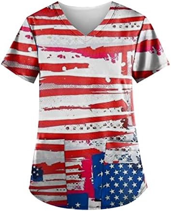 חולצת טשטש 4 ביולי לנשים דגל אמריקאי שרוול קצר שרוול נ 'חולצות צוואר עם 2 כיסים לבגדי עבודה מזדמנים מצחיקים